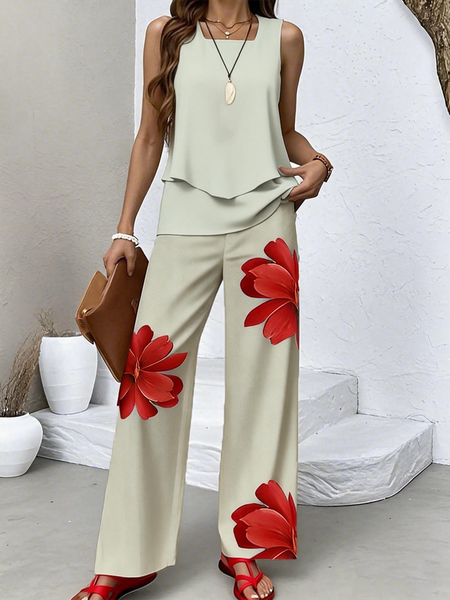 

Women Floral Two-Piece Set Daily Sleeveless Casual Summer Top With Pants Matching Set, Green, Sets