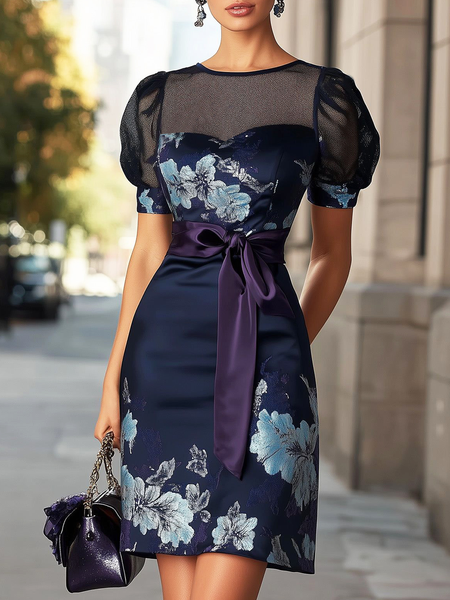 

Elegant Floral Crew Neck Mini Dress With Belt, Purplish blue, Mini Dresses