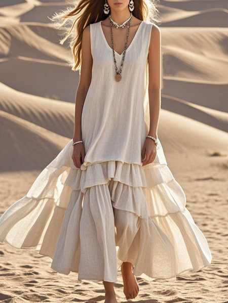 Women Plain Summer Dress V Neck Sleeveless Tank A-Line Dress