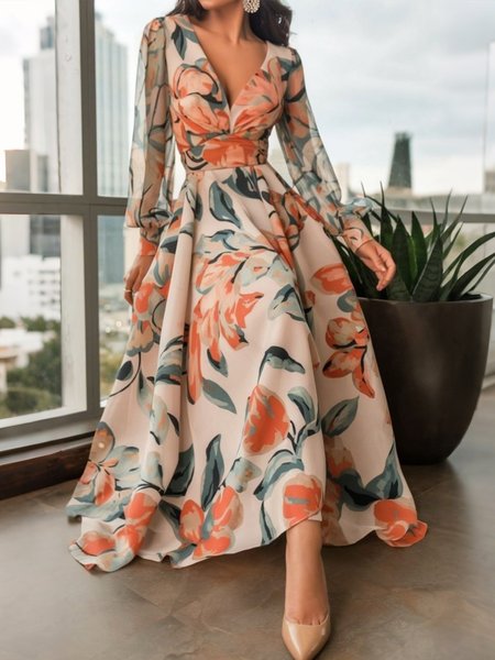 

Elegant Floral Printing V Neck Maxi Dress, Orange, Maxi Dresses