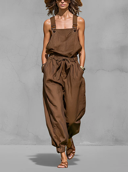 

Cotton Casual Pockets Plain Overall Bib Pants, Deep khaki, Jumpsuits