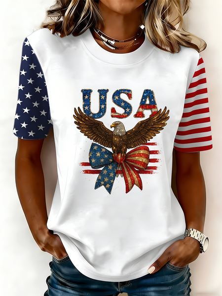 

Casual USA/US/American Crew Neck Short Sleeve T-shirt, Red-blue, T-shirts