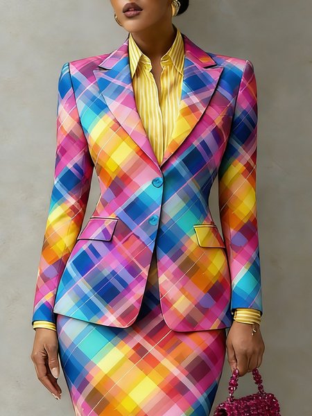 

Elegant Printing Plaid Lapel Collar Blazer, As picture, Jackets