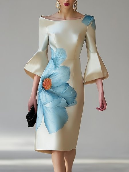 

Elegant Floral Bell Sleeve Printing Boat Neck Midi Dress, Blue, Midi Dresses