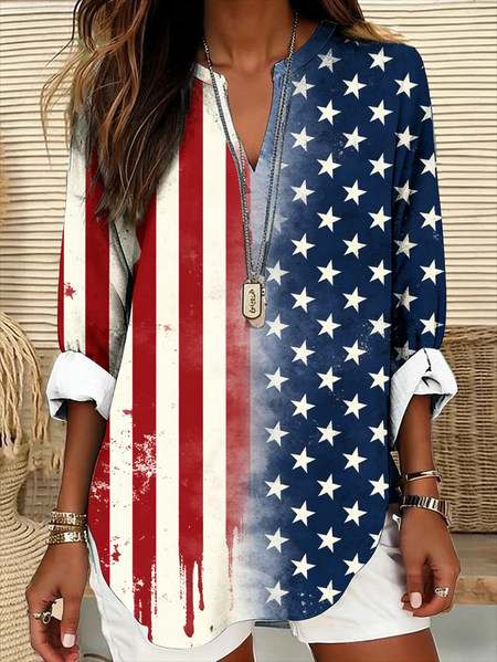 

V Neck Long Sleeve America Flag Printing Regular Loose Blouse For Women, As picture, Blouses