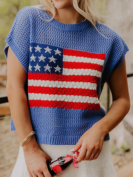 Women's 250th Anniversary Of The Founding Of the United States Vintage Short Sleeve Crew Neck Jaquard America Flag Crew Neck Vintage Acrylic  Daily Going Out Casual Knit Top