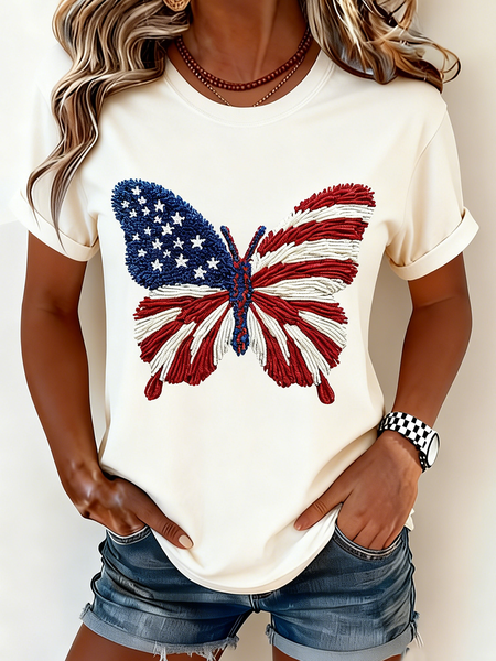Funny Butterfly America Flag Printing Crew Neck Short Sleeve T-shirt