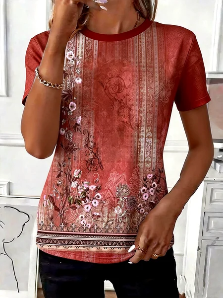 

Casual Geometric Crew Neck Short Sleeve T-shirt, Red, T-shirts