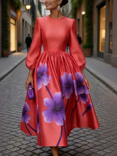 

Elegant Floral Printing Crew Neck Midi Dress, As picture, Maxi Dresses