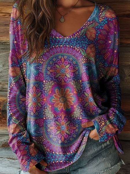 

Women Floral Long Sleeve Tee T-shirt V Neck Printing Casual Graphic Tee Spring/Fall Top, Purple, T-Shirts