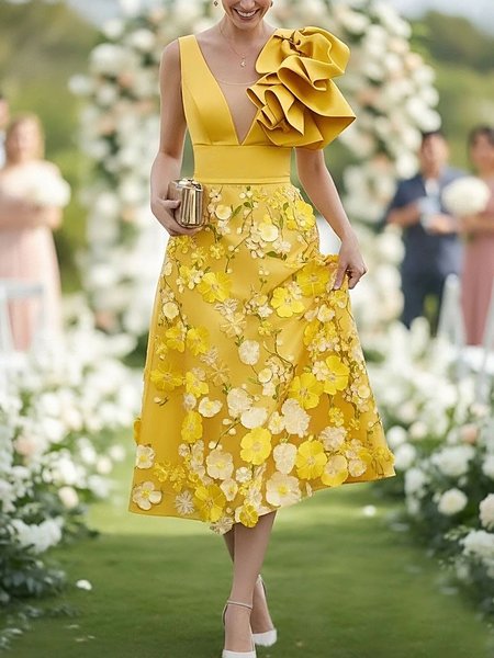 Elegant Plain 3D Floral V Neck Midi Dress