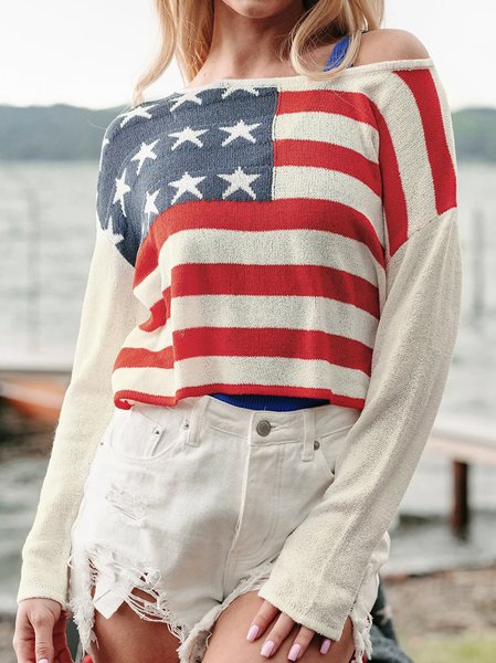 Women's 250th Anniversary Of The Founding Of the United States Vintage Short Sleeve Crew Neck Jaquard America Flag Crew Neck Vintage Acrylic  Daily Going Out Casual Knit Crop Top