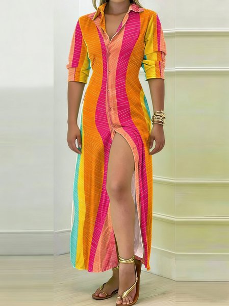 

Women Geometric Spring/Fall Dress Shawl Collar Long Sleeve Shirt Dress A-Line Dress, Multicolor, Dresses