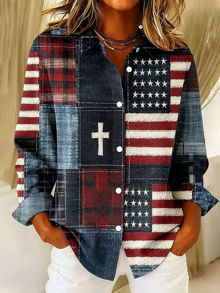 

Shirt Collar Regular Sleeve Long Sleeve America Flag Buckle Regular Loose Button Up Shirt Shirt For Women, As picture, Shirts