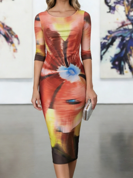 

Urban Abstract Crew Neck Midi Dress, As picture, Midi Dresses