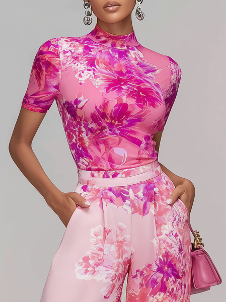 

Elegant Floral Printing Stand Collar T-shirt, Pink, Tees