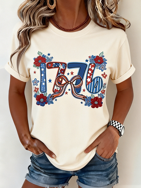 

Casual Floral Crew Neck Short Sleeve T-shirt, Apricot, T-shirts