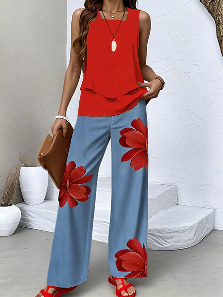 

Women Floral Two-Piece Set Daily Sleeveless Casual Summer Top With Pants Matching Set, Blue, Sets