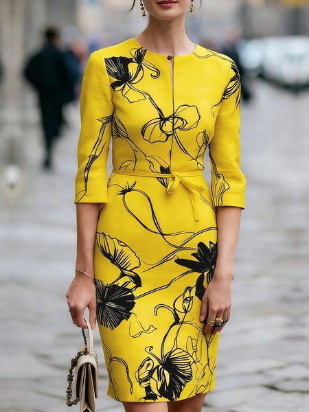 

Elegant Floral Printing Crew Neck Knee Length Dress, Yellow, Mini Dresses