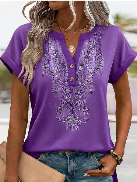 

Elegant Floral V Neck Short Sleeve T-shirt, Purple, T-shirts
