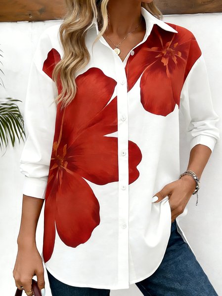 Shawl Collar Long Sleeve 3D Printing Regular Loose Shirt For Women