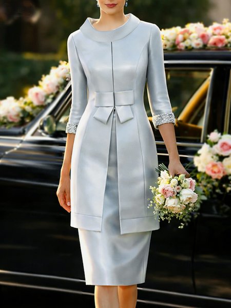 Elegant Plain Faux Pearl Two Piece Knee Length Dress