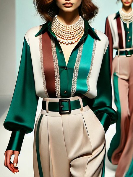 

Urban Striped Printing Shirt Collar Shirt, Green, Blouses and Shirts