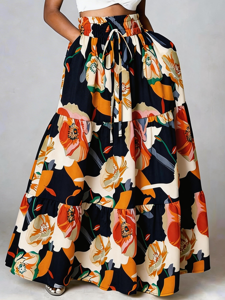 

Casual Floral A-Line Mid Waist Maxi Skirt, Purplish blue, Skirts