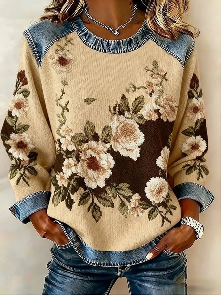 

Women Floral Crew Neck Printing Vintage Spring/Fall Long Sleeve Sweatshirt, As picture, Sweatshirts & Hoodies