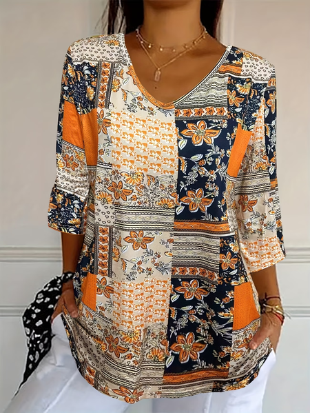 

Casual Floral V Neck Three Quarter Sleeve T-shirt, As picture, T-shirts