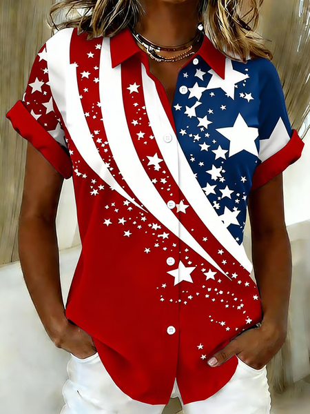 

Women America Flag Shirt Collar Short Sleeve Shirt Printing Casual Daily Summer Top, Red, Shirts