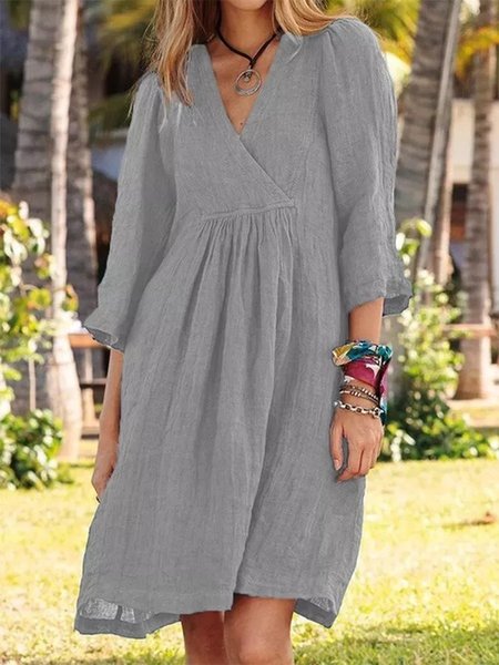 Women Plain Spring/Fall Dress V Neck Three Quarter Sleeve H-Line Dress