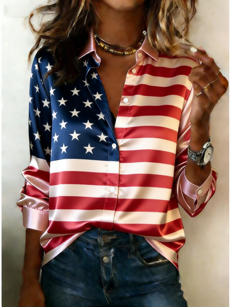 Shawl Collar Long Sleeve America Flag Regular Micro-Elasticity Regular Fit Button Up Shirt Shirt For Women