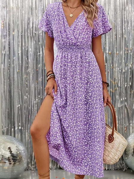 

Women Floral Summer Dress V Neck Short Sleeve Fit & Flare Dress A-Line Dress, Purple, Dresses