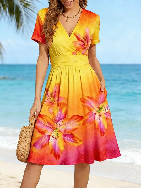 

Women Ombre Summer Dress V Neck Short Sleeve Fit & Flare Dress A-Line Dress, As picture, Dresses
