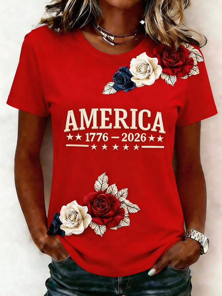 

Casual USA/US/American Crew Neck Short Sleeve T-shirt, Red, T-shirts