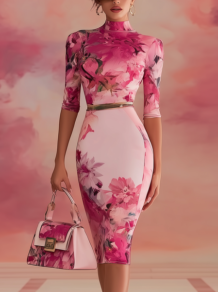 Elegant Floral Printing Mock Neck Midi Dress No Belt