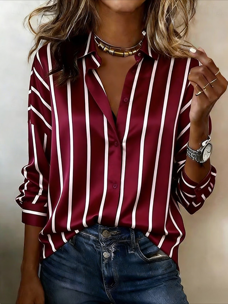 Shawl Collar Long Sleeve Striped Regular Micro-Elasticity Regular Fit Button Up Shirt Shirt For Women