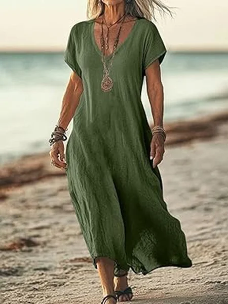 

Women Plain Summer Dress V Neck Short Sleeve H-Line Dress, Army green, Dresses