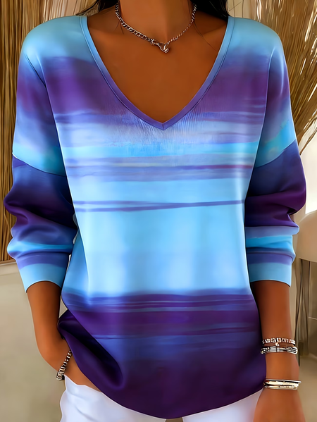 

Women Abstract Long Sleeve Tee T-shirt V Neck Printing Casual Spring/Fall Top, Blue, T-Shirts