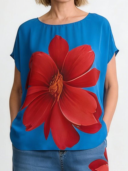 Crew Neck Short Sleeve 3D Printing Regular Loose Blouse For Women