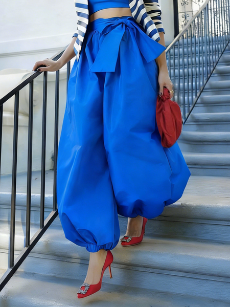 

Urban Plain Bow Ankle Banded Pants With Belt, Blue, Pants