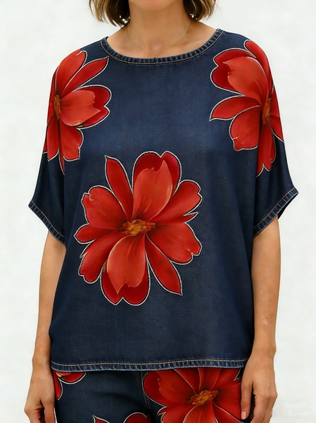 

Crew Neck Short Sleeve 3D Printing Regular Loose Blouse For Women, Navyblue, Blouses