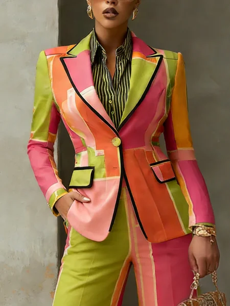 

Urban Printing Color Block Lapel Collar Blazer, Green, Blazers