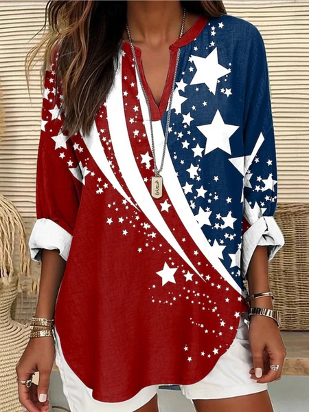 

Women America Flag V Neck Long Sleeve Blouse Printing Casual Daily Spring/Fall Top, As picture, Shirts