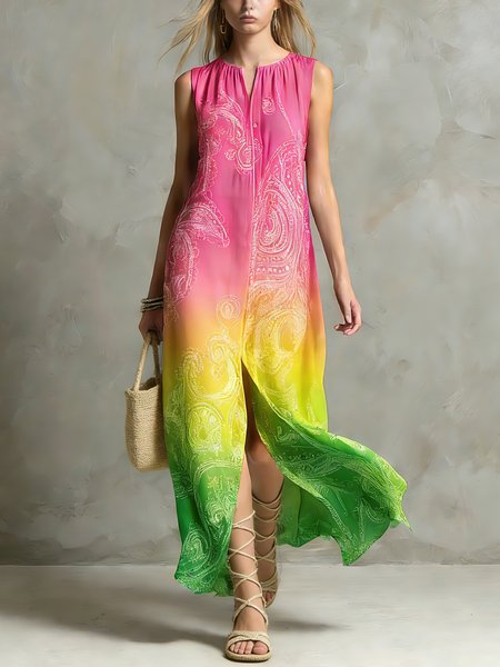 Vacation Ombre Printing Notched Maxi Dress