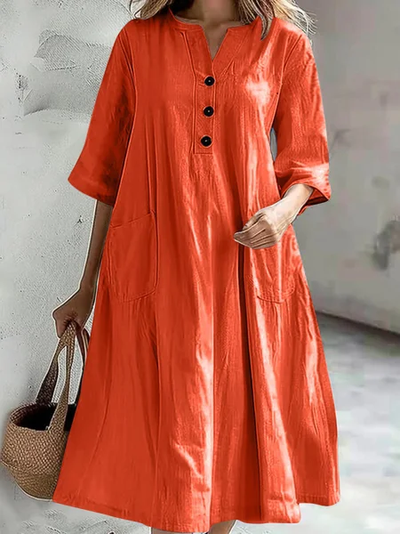 Women Plain Summer Dress Notched Half Sleeve A-Line Dress