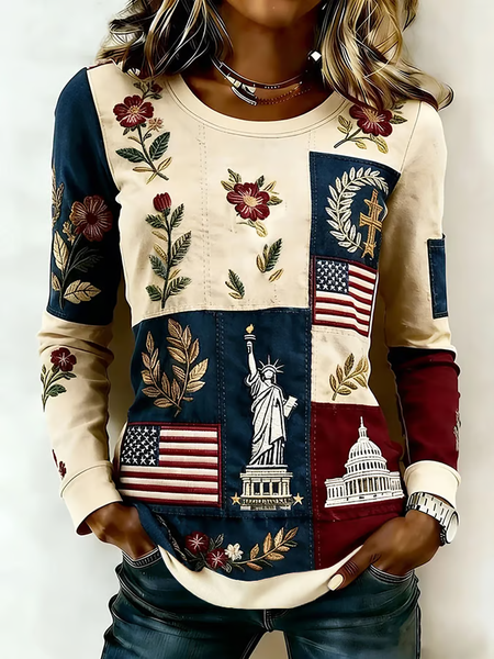 

Casual Floral Crew Neck Long Sleeve T-shirt, As picture, T-shirts