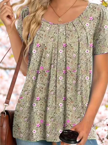 Crew Neck Short Sleeve Floral Pattern Regular Regular Fit Blouse For Women