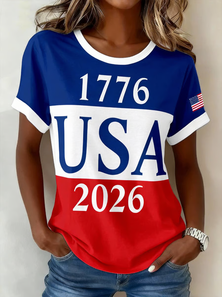 

Casual Text Letters Crew Neck Short Sleeve T-shirt, As picture, T-shirts